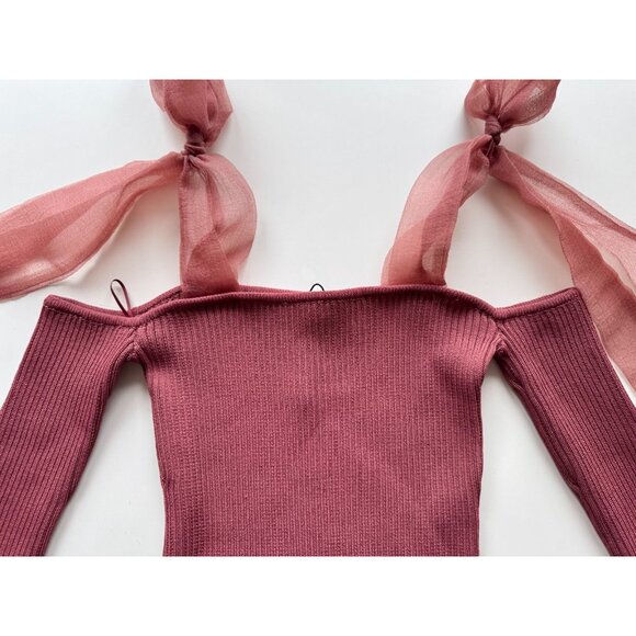 NWOT ZARA Rose Mauve Ribbed Knit Organza Tie Strap Cold Shoulder Top, Size S - Picture 6 of 13